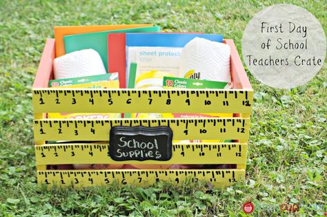 first day of school teacher gift | lot of fun making this Teachers Crate for the First Day of School ... Teacher Box, Appreciation Gifts Diy, Teacher Appreciation Gifts Diy, Teacher Craft, Crafts For Teens To Make, Teachers Diy, Back To School Crafts, School Craft, School Teacher Gifts