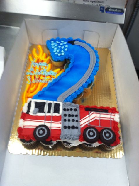 #2 fire truck pull apart cake Fire Truck Birthday Party Ideas Cake, Fire Truck Birthday Cupcakes, Fire Engine Birthday Cake, Fire Truck Cupcake Cake, Cupcake Firetruck Cake, Firetruck Birthday Cupcake Cake, Fire Department Cake, Fire Truck Pull Apart Cupcakes, Truck Cupcake Cake