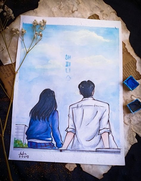 Drawing Of Happiness, Cool Art Drawings Pencil, Cute Drawing Watercolor, Art Sketches Watercolor Easy, Illustration Art Of Couples, Happiness Kdrama Fanart, Happiness Kdrama Drawing, Aesthetic Watercolor Drawing, Kdrama Drawing Easy