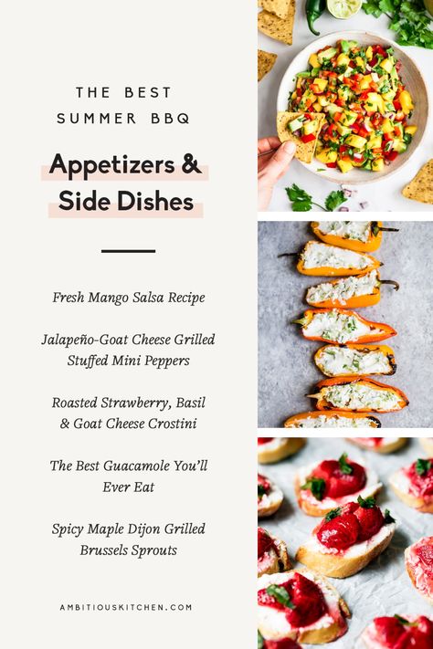 The ultimate healthy summer BBQ recipes perfect for picnics, the fourth of July, and even for cooking right at home! You'll find delicious, creative grilling recipes, fresh salads, easy appetizers and plenty of sweet treats to make all summer long. #bbq #picnic #summer #potluck #fourthofjuly #appetizers Creative Grilling Recipes, Summer Bbq Appetizers, Recipes For Picnics, Ambitious Kitchen Recipes, Summer Bbq Menu, Fresh Mango Salsa Recipe, Salads Easy, Bbq Snacks, Buffalo Dip