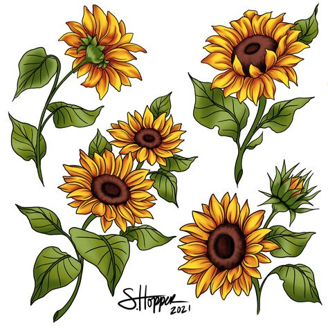 Cool Sunflower Drawings, Sunflower Butterfly Drawing, Sunflower Drawing With Color, Sun Flower Tattoo Color, Sunflower Tattoo Design Color, Sunflower Colored Tattoo, Drawing Flowers Sunflower, Sunflower Drawing Tattoo, Sunflower Art Drawing