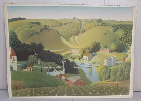 vintage 21" x 28" Grant Wood Stone City Iowa Lithograph NYGS print as found rare #Vintage Grant Wood Paintings, Thomas Gainsborough, Stone City, Grant Wood, Wooded Landscaping, Georges Seurat, Wood Card, Winslow Homer, American Gothic