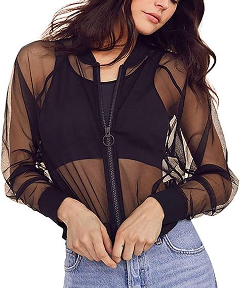 Amazon.com: Women's See Through Mesh Bomber Jacket Sexy Mesh Sheer Zip up Long Sleeve Coat Top : Clothing, Shoes & Jewelry Mesh Jacket Outfit, Sheer Jacket, Mesh Jacket, Womens Jackets Casual, Long Sleeve Coat, Outwear Women, Top Clothing, Classy Casual Outfits, Long Sleeves Coats