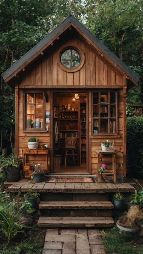 Rustic Shed House, Rustic Sheds Ideas Backyards, House Shed Ideas, Wooden Garden House, Book Shed, Cabin Design Ideas, Treehouse Interior, Gardening Shed, Yard Office