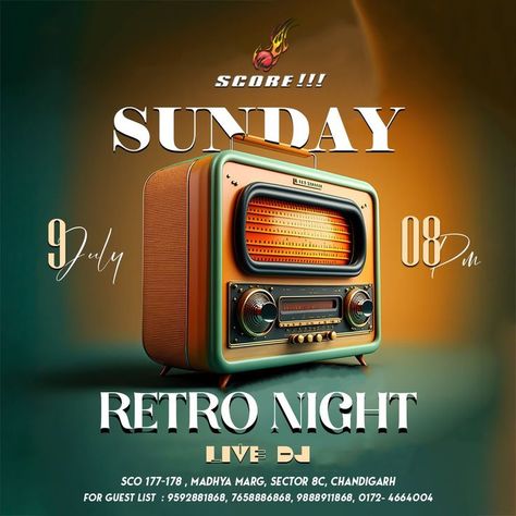 Step into the groovy past at Score Club Chandigarh's Retro Night Sunday! 🎶 Put on your retro outfits and let's dance to the classic hits that'll take you back in time. Join us for an unforgettable night of nostalgia, good vibes, and timeless memories. Get ready to rock the dance floor! 💃✨ 9th July || Sunday || 08 PM Onwards Venue: SCO 177/178, Sector 8C, Madhya Marg, Chandigarh For reservation 📞 9592881868 || 7658886868 || 9888911868 Logo Design Color Palette, Bride And Groom Cartoon, Retro Night, Dance Logo, Music Logo Design, Elevator Design, Social Media Branding Design, Retro Graphic Design, Notebook Cover Design