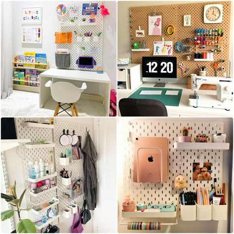 Skadis Desk Ideas, Pegboard Playroom Ideas, Peg Board Home Office, Pegboard Bedroom Ideas, Ikea Peg Board Ideas Aesthetic, Ikea Memo Board, Ikea Pegboard Ideas Kids, Ikea Pegboard Ideas Office, Office Pegboard Ideas