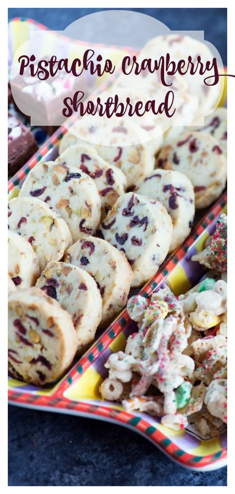 With a few additions Pistachio Cranberry Shortbread are just what you need with your next cup of coffee or tea.  A buttery cookie with a bit of sweetness from dried cranberries. A little less sweet than a traditional cookie.  #butterandbaggage #cookies #holidaycookies #pistachios #cranberries #shortbread Cran Pistachio Cookies, Cranberry Cashew Cookies, Cranberry Pistachio Bread Recipe, Cranberry And Pistachio Shortbread, Pistachio Cranberry Shortbread Cookies, Pistachio Cranberry Shortbread, Cookies With Dried Cranberries, Dried Cranberry Recipes, Cranberry Christmas Cookies