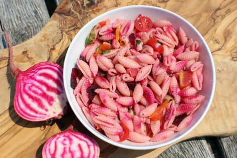 Pink Side Dishes, Beet Pasta Salad, Pink Pasta Salad, Colorful Pasta, Pink Pasta, Seasonal Veggies, Csa Recipes, Summer Pasta Salad, Summer Dishes