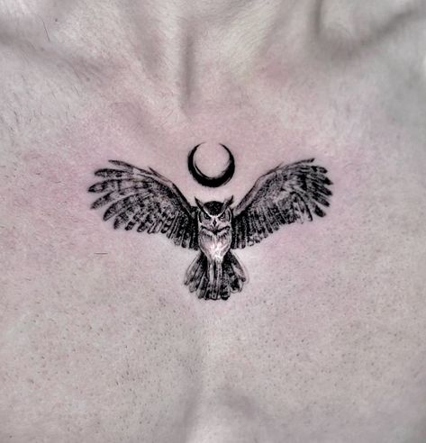 Owl On Chest Tattoo, Owl Tattoo Back Of Neck, Simple Owl Tattoo Design, Unique Owl Tattoo, Night Owl Tattoo, Owl Tattoo Back, Simple Owl Tattoo, Owl Tattoo Ideas, Symbols Of Strength Tattoos