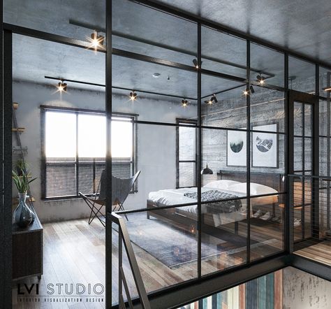 Cheap Industrial House, Small Industrial House, Industrial House Minimalist, Industrial Small House, Glass Wall Bedroom, Anglepoise Wall Light, Scandinavian Industrial Interior, Eclectic Industrial, Bedroom Interior Design Ideas