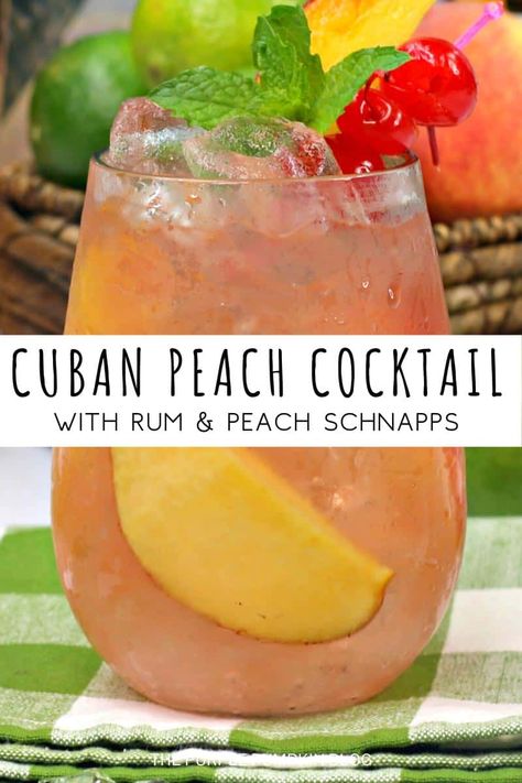 If you are craving a tropical vibe then this Cuban Rum and Peach Cocktail is a perfect choice. The fresh peach, along with peach schnapps in this white rum cocktail, are a match made in heaven, creating a refreshing summer beverage! Punch Bowl Cake Recipe, Peach Rum, Elvis Presley Cake, Rum Drinks Recipes, Peach Cocktail, Peach Drinks, Peach Syrup, Bowl Cake, Rum Cocktails