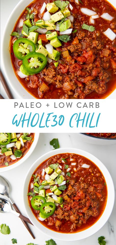 This classic chili is loaded with flavor but is totally Whole30 compliant. No beans, soy, dairy, or legumes - just ground meat like beef, bison, turkey, or chicken, in a rich, spicy tomato sauce packed with veggies. #whole30 #paleo #lowcarb #chili #soup Whole 30 Crockpot Chili Recipe, Whole30 Turkey Chili, Whole 30 And Keto Recipes, Antiinflammatory Chilli, Chili Whole 30 Recipe, Paleo Chili Instant Pot, Sweet Potato Chili Whole 30, Whole 30 Recipes No Meat, Turkey Chili Paleo