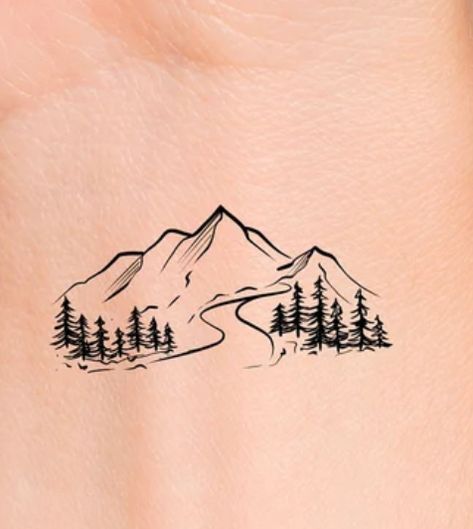 Mountain Tattoo Simple Wrist, Denali Tattoo Alaska, Mountain Henna Tattoo, Denali Mountain Tattoo, Blue Ridge Tattoo, Canadian Rockies Tattoo, Snowy Mountains Tattoo, Mountain Pine Tree Tattoo, Vermont Mountain Tattoo