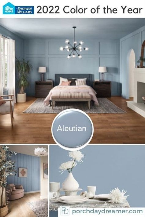 HGTV 2022 Paint Color of the Year Aleutian. In this post find all 2022 colors of the year by manufacturer. #coty #swcolorlove #swcolormix #paintcolortrends#porchdaydreamer #colorsoftheyear Paint Color Of The Year, Best Bedroom Paint Colors, Most Popular Paint Colors, Trending Paint Colors, Popular Paint Colors, Blue Paint Colors, Room Paint Colors, Paint Brands, Bedroom Paint Colors