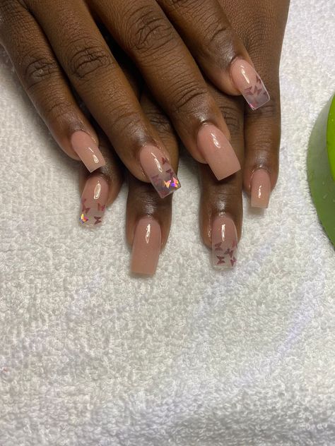 Butterfly Glitter Nails Acrylics, Nude Nails With Butterflies, Glitter Nails Acrylic, Butterfly Nail, Brown Nails, Nails Inspo, Cute Acrylic Nails, Nails Ideas, Acrylic Nail Designs