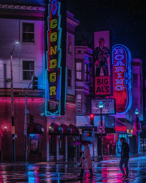 San Francisco north beach at nights Cyberpunk Photography, San Francisco Beach, Sony A7riii, San Fransokyo, Remember God, Background Painting, Neon Noir, Camera Sony, Beach At Night