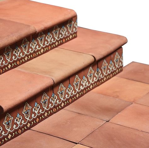 Mexican Stairs Design, Terracotta Stairs, Tile For Stairs, Mexican Stairs, Floor And Decor Tile, Mexican Tile Stairs, Tiles For Stairs, Mexican Tile Floor, Decorative Floor Tile