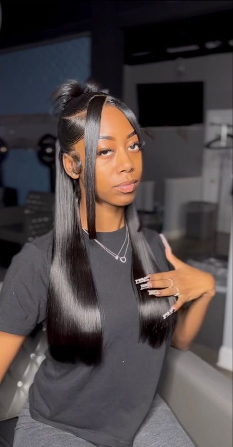 Half Up Half Down Wedding Hair Black Bride, Half Up Half Down Hairstyles Wig, Half Up Half Down Middle Part, Half Up Half Down Hair Weave, Straight Hairstyles Half Up Half Down, 90s Half Up Half Down Hair, Straight Half Up Half Down, Low Half Up Half Down Hair Black Women, Sleek Ponytail Hairstyles