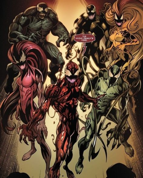 Symbiotes.  The whole family is here. Symbiote Family - Venom, Carnage, Toxin, Scream, Riot, Phage Venom Symbiote, All Spiderman, Carnage Marvel, Symbiotes Marvel, Venom Comics, Comics Anime, Comic Villains, Marvel Venom, Marvel Artwork