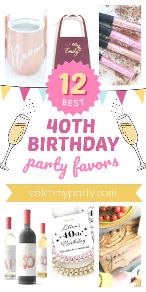 These 12 Fabulous 40th Birthday Party Favors Are Stunning. Turning forty is a major milestone in a woman's life that deserves to be celebrated with an unforgettable party Finding the perfect party favor can be tough though which is why we've come up with the 12 most fabulous 40th birthday party favors that we could find. See more party ideas and share yours on CatchMyParty.com #catchmyparty #partyideas #40thbirthdayparty #40thpartyfavors 40th Birthday Party Favors For Women Fun, 40th Birthday Goodie Bags Ideas For Adults, 40th Bday Goodie Bags, 40th Birthday Party Favors Goodie Bags, 40th Birthday Party Favor Ideas, 40th Birthday Weekend Gift Bags, 40th Birthday Diy Gifts, Party Favors 40th Birthday Woman, 40th Party Favors For Adults