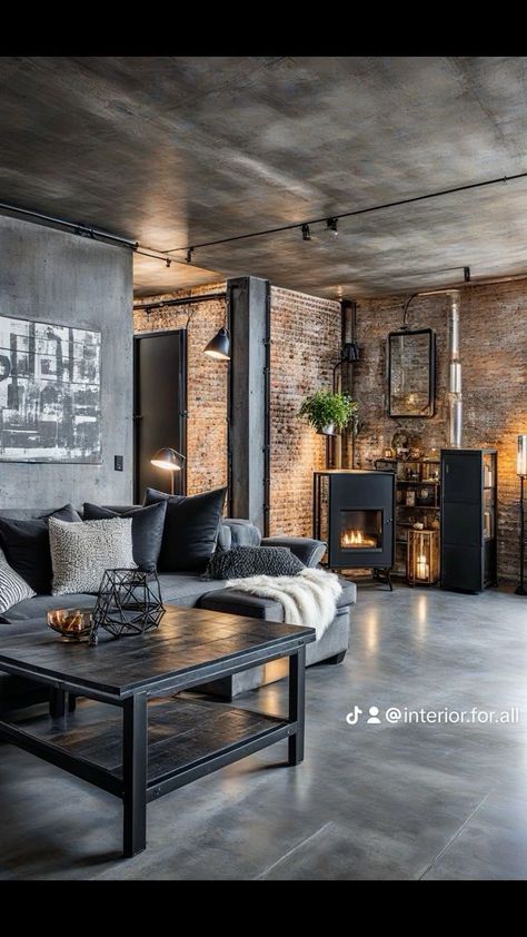 #industrial #livingroom #interior #industrialstyle #architecture #brick #fireplace #cozy #modern New York Loft Interior Design, Apartment Interior Industrial, Industrial Living Room With Fireplace, Office Fireplace Ideas, Concrete Interior Design Living Room, Industrial Cozy Living Room, Neo Industrial Interior, Living Room White And Wood, Industrial Fireplace Ideas