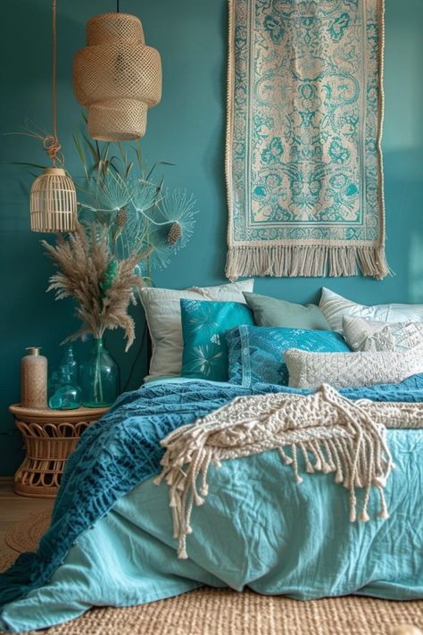 29 Boho Coastal Bedroom Ideas for a Breezy, Beachy Haven 12 Gauzy Curtains, Teal And Gray Bedroom, Contemporary Dining Room Decor, Beachy Boho Bedroom, Boho Coastal Bedroom, Aqua Bedrooms, Coastal Bedroom Ideas, Bed Canopies, Bedroom Turquoise