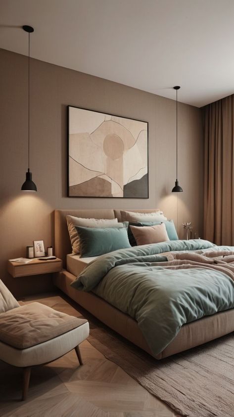 Dark Wood Accent Wall Bedroom, Tan And Black Room Ideas Bedrooms, Earth Tone Interior Design Bedroom, Green Bedroom Loft, Tan Headboard Bedroom Color Schemes, Tan And Beige Bedroom, Coffee Coloured Bedroom, Trendy Bedroom Ideas 2020, White Brown Blue Bedroom