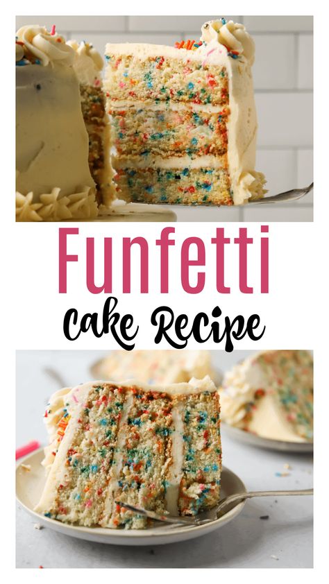 This homemade funfetti cake is my favorite cake ever. With sour cream to make it moist and cake flour to make it light and fluffy, this funfetti cake is going to take you back to your childhood. If you grew up on boxed funfetti cake mix like I did, but want a homemade verison this funfetti cake recipe is it! Fun Fetti Cake Recipe, Best Funfetti Cake Recipe, Funfetti Cake Mix Recipes, Homemade Funfetti Cake, Funfetti Cake Recipe, Milk Bar Cake, Cake Flour Recipe, Yellow Cake Recipe, Funfetti Cake Mix