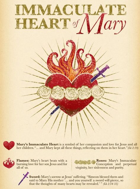 Symbols of Immaculate heart of Mary Sacred Heart Devotion, Jesus Suffering, Mary Immaculate, Sacred Heart Tattoos, Mary Tattoo, Vintage Holy Cards, Immaculate Heart Of Mary, Heart Artwork, Heart Of Mary