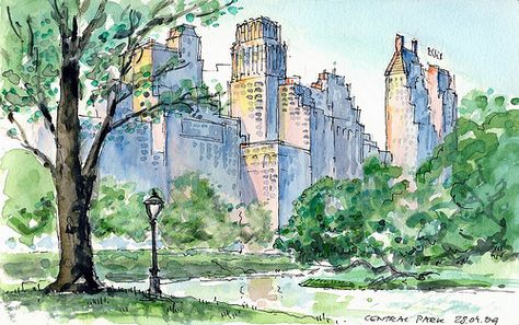 by Rene Fijten Nyc Drawing, Landscape Photography Trees, New York Central Park, New York Landscape, Mountain Landscape Photography, Park Landscape, City Drawing, Architecture Drawing Art, New York Central