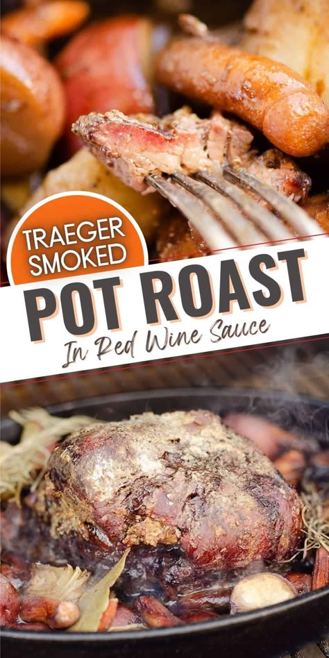 Smoked Pot Roast Traeger, Pellet Grill Pot Roast, Smoked Pot Roast Recipes, Pot Roast On The Grill, Traeger Pot Roast, Pitboss Recipes, Pot Roast And Vegetables, Traeger Ideas, Smoked Pot Roast