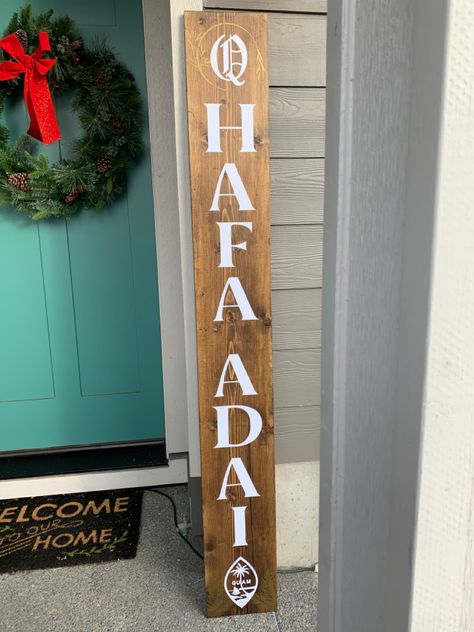 Wood board for porch. Hafa adai means hello in chamorro. Cut a board from Lowes, stained it, applied polyurethane, then vinyl cut on cricut, and applied another layer of polyurethane. Included the guam seal and our initial. #guam #hafaadai #cricut #woodsign Guam Flag Wallpaper, Guam Iphone Wallpaper, Aloha Welcome Sign, Guam Travel, Guam Seal, Hafa Adai, How To Apply Polyurethane, Welcome Board, Welcome Boards