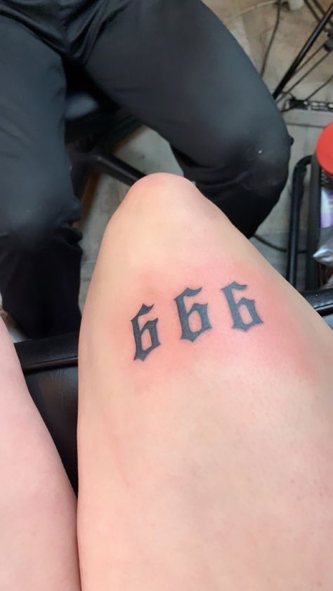 Above Knee Tattoo Numbers, 777 Tattoo Above Knee, Angel Above Knee Tattoo, 666 Angel Number Tattoo, Angel Numbers Tattoo, 666 Tattoo, 777 Tattoo, Number Tattoo, Number Tattoos