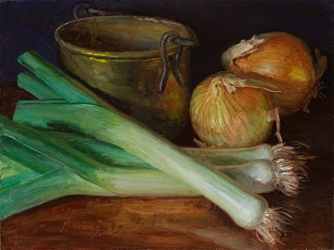 Spring Onion Still Life Landscape, Contemporary Still Life, Painting A Day, Still Life Fruit, Daily Painting, Spring Onion, Poster Ideas, Still Life Painting, Onions