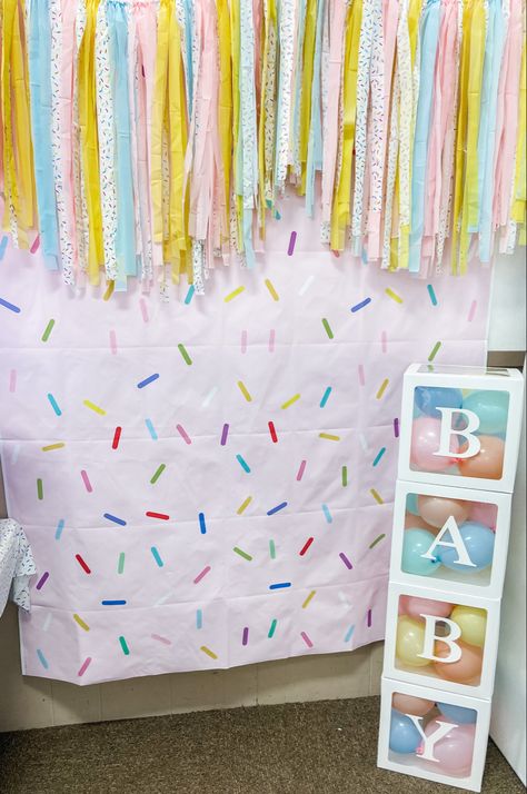 Diy Baby Sprinkle Decorations, Baby Sprinkle Outfits For Mom, Sprinkled With Love Baby Shower Ideas, Donuts And Diapers Sprinkle, Sprinkle Backdrop, Baby Sprinkle Theme, Baby Sprinkle Decorations, Sprinkle Ideas, Sprinkle Shower