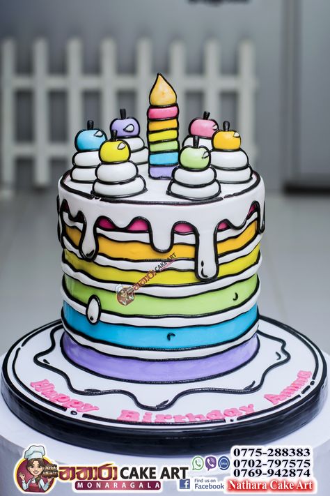 Rainbow Comic Cake, Cartoon 2d Cake, Cartoon Style Birthday Cake, Comic Cartoon Cake Ideas, 2d Comic Cake Ideas, Doodle Cake Design, Pop Art Cakes, Cartoon Cake For Boys, Cartoon Style Cake