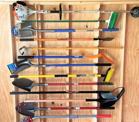 Outdoor Tool Storage Ideas, Shed Organizing, Tool Storage Wall, Shed Organizer, Yard Tool Storage, Yard Tool Rack, Tool Shed Organizing, Garden Tool Holder, Under Bed Storage Boxes