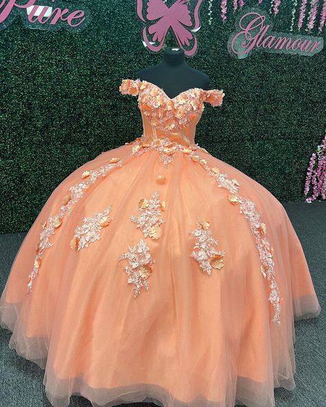 Light Colored Quinceanera Dresses, Orange Quinceanera Theme, Quinceanera Dresses Orange, Orange Quince Dresses, Orange Quinceanera Dress, Off Shoulder Prom Dress Long, Orange Quinceanera Dresses, Orange Quince, Orange Quinceanera