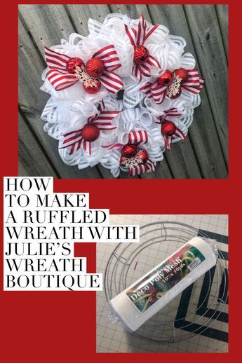 Ruffle Deco Mesh Wreaths Diy, Ruffle Wreath Tutorial Deco Mesh, Ruffle And Curl Wreath, Ruffle Method Deco Mesh Wreath, Diy Candy Cane Wreath Tutorials, White Deco Mesh Christmas Wreath, Julies Wreaths, Ruffle Wreath Tutorial, Deco Mesh Christmas Wreaths Diy