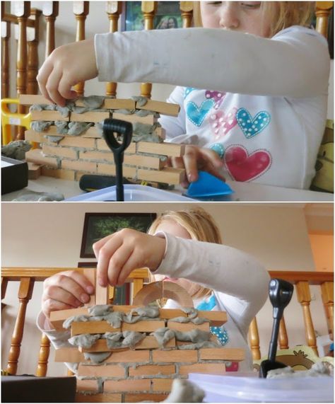 Learn with Play at Home: Bricklaying for Kids. Invitation to Play.-playdough as brick mortar Preschool Construction, Construction Play, Construction Activities, Block Play, Construction Birthday Parties, Construction Theme, Invitation To Play, Creative Curriculum, Three Little Pigs