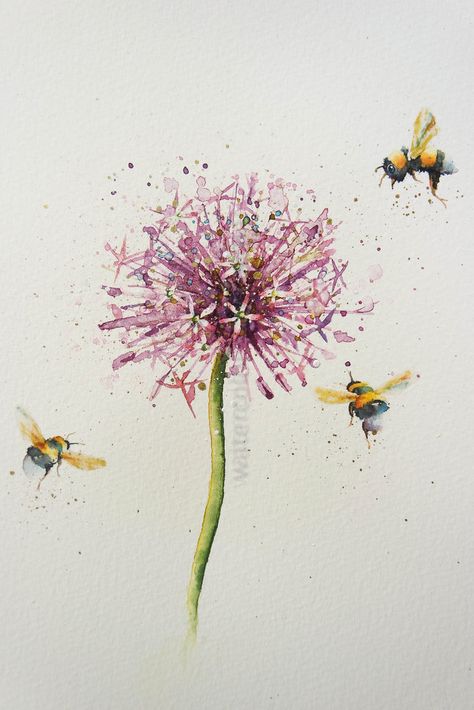 Watercolour Bees And Flowers, Happy Paintings Feelings, Energy Symbols, Bee Artwork, I Am Lucky, Bee Painting, Home Working, Watercolour Inspiration, Bee Art