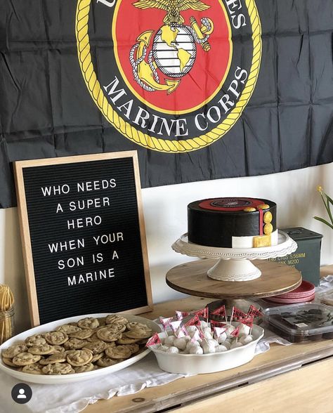 Marine Coming Home Party, Marine Send Off Party Ideas, Marine Corp Party Ideas, Marine Welcome Home Party, Marine Corps Party Ideas, Marine Corps Retirement Party Ideas, Boot Camp Graduation Party, Usmc Party, Usmc Graduation