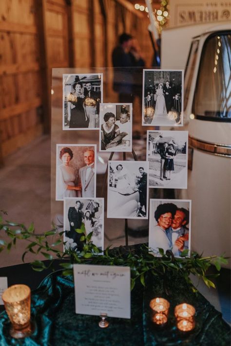 Wedding Memorial Board, Memorial Board Wedding, In Memory At Wedding Ideas, Memory Photos For Wedding, Wedding Remembering Loved Ones Ideas, Wedding For Passed Loved Ones, Passed Ones At Wedding, Remembering Family At Wedding, Photos Of Loved Ones At Wedding