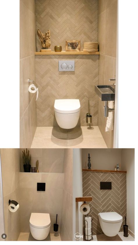 Bovenste idee + zwarte details van de onderste Minimalist Toilet Design Small Spaces, Small Toilet Ideas Modern, Beige Downstairs Toilet, Beige Toilet Design, Easy Clean Toilet Design, Earthy Toilet Design, Gender Neutral Toilets, Small Toilet Decor, Toilet Decoration