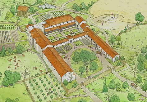 Bill Donohoe - Illustrator - Roman Villa - Actis Roman Villa House, Minecraft Roman Villa, Raft Builds, Ancient Rome Aesthetic, Rome Buildings, Ancient Roman Architecture, Roman House, Ancient House, Roman Britain