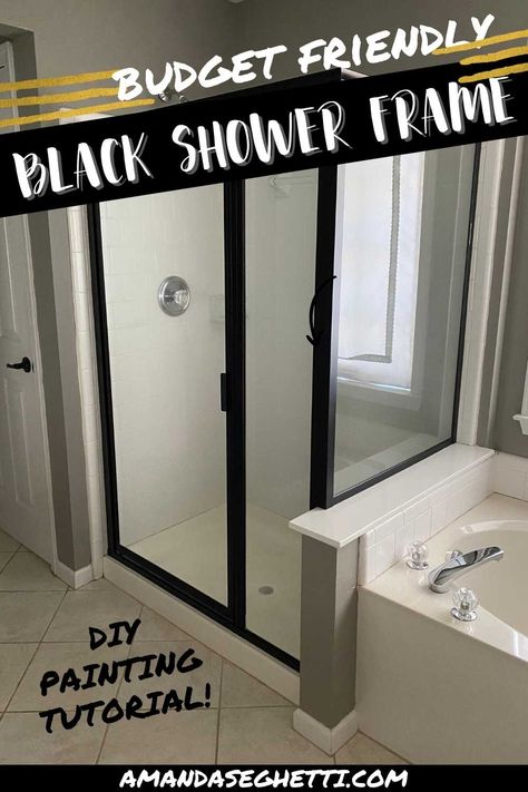 black painted shower door frame Diy Black Shower Door, Dated Shower Redo, Diy Bathroom Shower Ideas, Shower Stall Makeover Diy, Diy Master Bath Update, Redo Shower Stall, Mini Bathroom Remodel, Shower Door Paint, Standing Shower Makeover