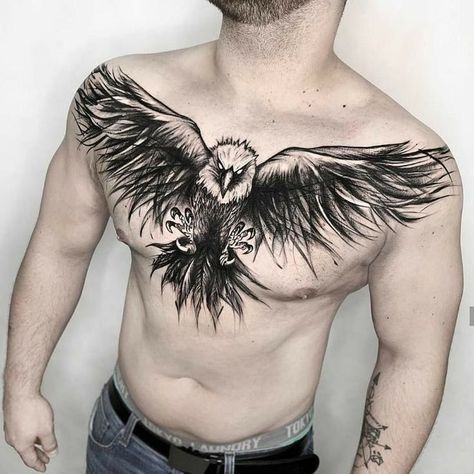 Tato Phoenix, Eagle Chest Tattoo, Wrist Band Tattoo, Wing Tattoo Men, Small Chest Tattoos, Crow Tattoo, Cool Chest Tattoos, Eagle Tattoos, Chest Piece Tattoos