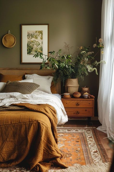 Orange Cozy Bedroom, Earthy Western Bedroom, Cozy Bedroom Color Palette, Inviting Bedroom Ideas, How To Add Warmth To A Room, Earthy Bedroom Color Palette, Earthy Bedroom Design, Apothecary Bedroom Ideas, Boho Interior Design Bedroom