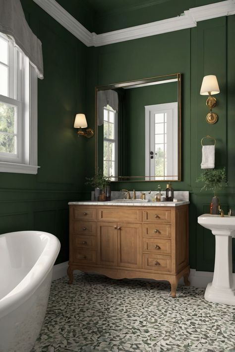 interior design,home decor,interior decorating,wall painting Green Bathroom Walls, Emerald Green Bathroom, Green Bathroom Paint, Dark Green Bathrooms, Bathroom 2024, Classic Bathroom Design, Green Painted Walls, Small Bathroom Colors, Wood Bathroom Vanity