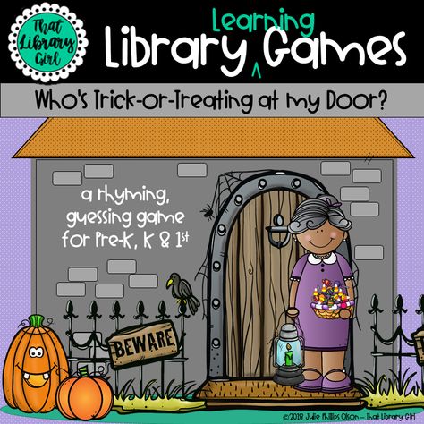 Here's a fun elementary library game for Pre-K through 1st grade! Your students will join you to read a bit of Halloween poetry as they try to guess who will visit Grandma (and her treat bowl) next! It's a fun snippet of not-so-spooky, predictable text from That Library Girl! Fall Library Activities, Fall Library Lessons, October Library Activities, Halloween Library Activities, Halloween Reading Games, October Elementary Library Lessons, October Library Lessons, Kindergarten Halloween Books And Activities, Kindergarten Library Activities